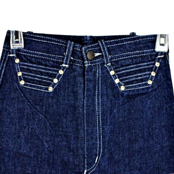 Denim Skirt Ruffled Pleated Accents Studded Back Pockets Blue Dark Wash Size SM - Picture 4 of 6